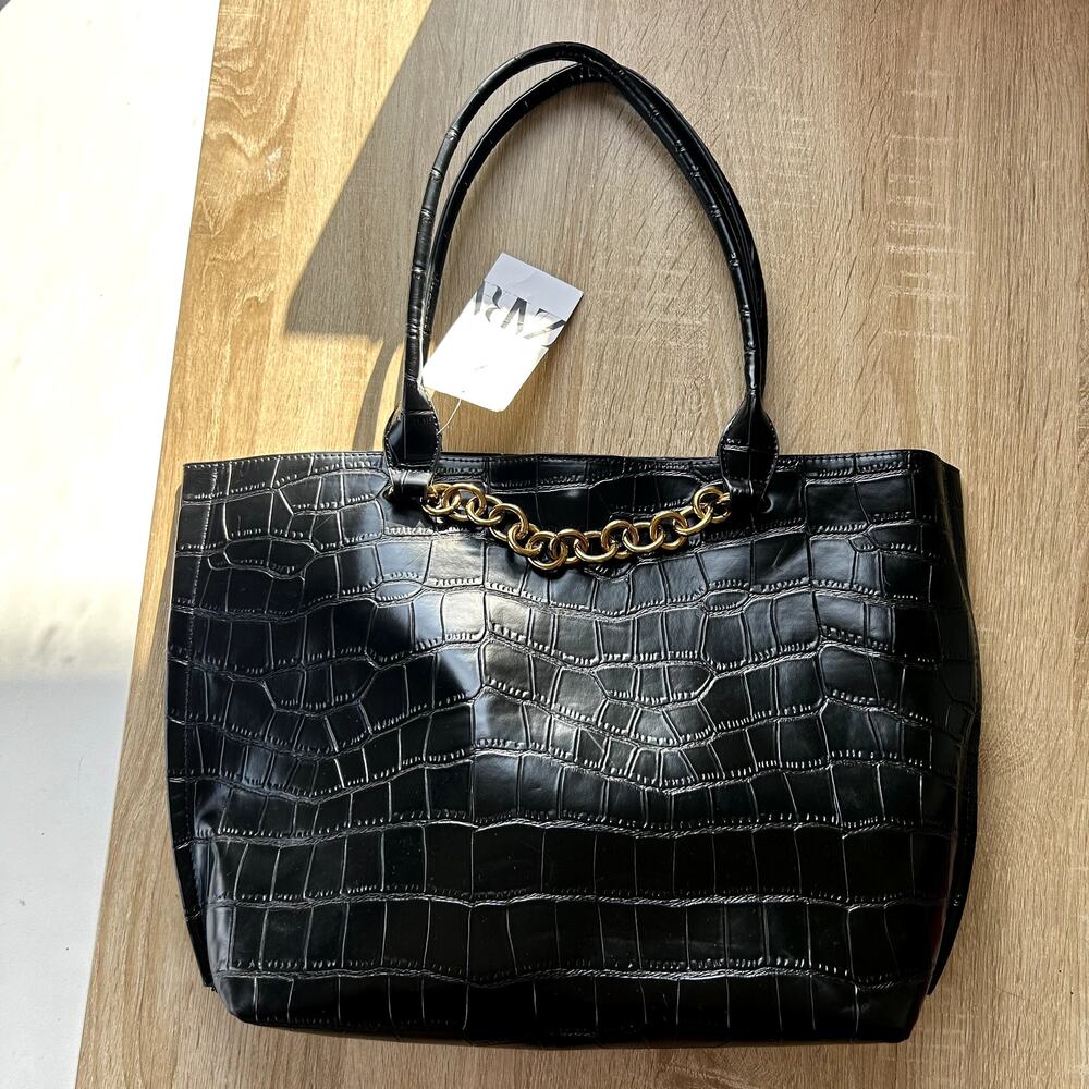 NWT Zara Gold Chain Strap Tote Bag Black Faux Croc New with imperfection